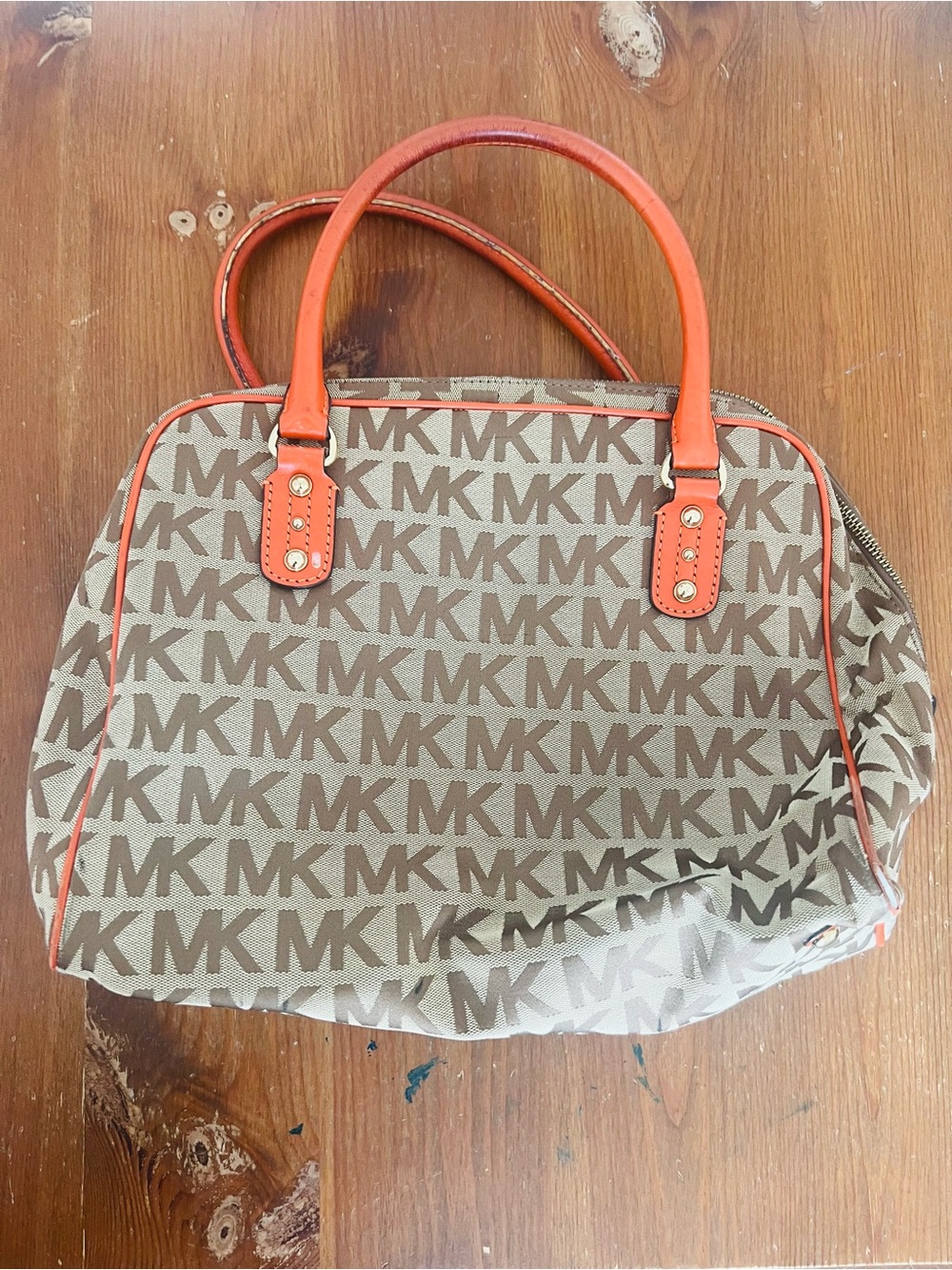 Michael Kors Beige MK Logo Satchel with Orange Trim